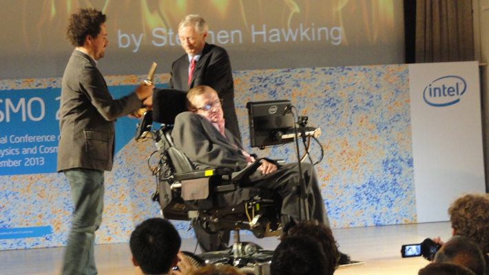 Stephen Hawking speaks at the COSMO 2013 Public Symposium.