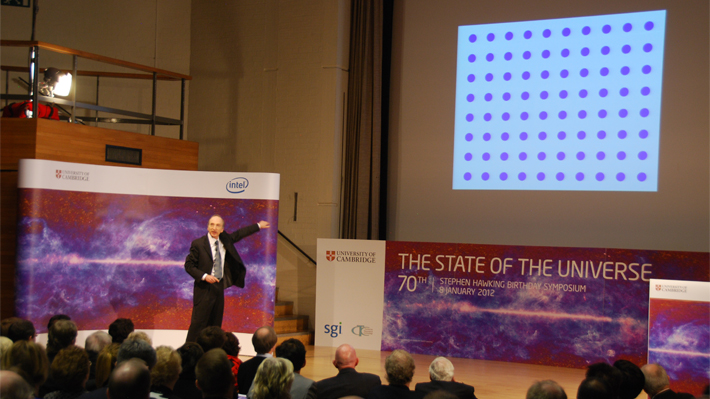 Professor Saul Perlmutter (Berkeley), 2011 Nobel Laureate, explains the Universe's expansion during 'The State of the Universe': Stephen Hawking's 70th Birthday Public Symposium.