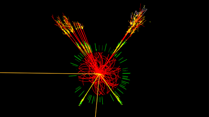 A diagram of the results of a hypothetical "Higgs event" in the Large Hadron Collider at CERN.