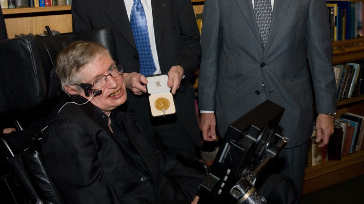 Stephen Hawking is presented with the Royal Society's Copley Medal