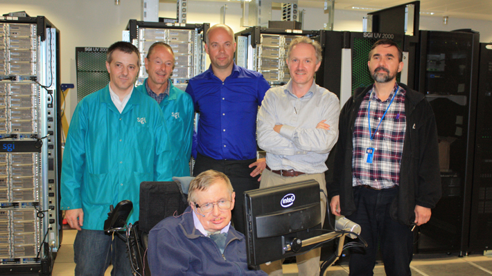 Professors Hawking and Shellard with Andrey Kaliazin and the team from SGI