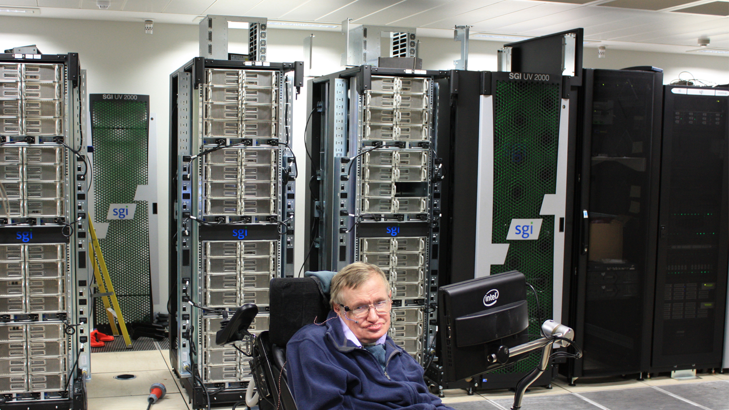 Stephen Hawking, Paul Shellard (one from right), Andrey Kaliazin (right) and the team from SGI with COSMOS